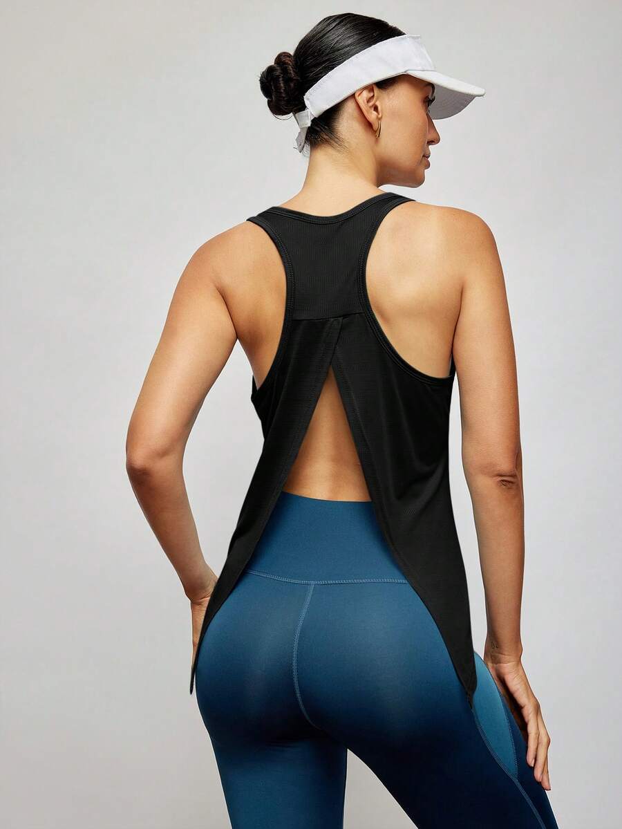 Activina Solid Split Back Sports Tank Top - Black - View 1