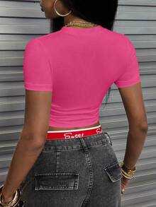 INAWLY Women's Letter Print Round Neck Fitted Cropped T-Shirt - Hot Pink - View 2