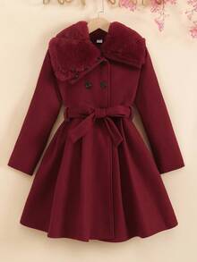 SHEIN Tween Girl Casual Daily Wine Red Lapel Front Double-Breasted Belt A-Line Jacket With Faux Fur Collar Autumn/Winter