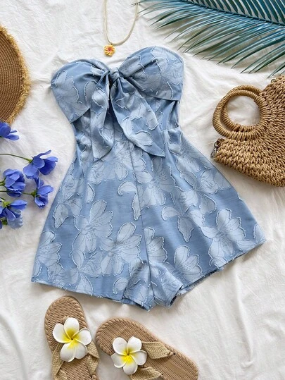 Soleia Women's Vacation Spring/Summer Carnival Cruise Resort Blue Watercolor Silhouette Print Twist Front Backless Romper, Loose Fit, Suitable For Party, Date, Valentine's Day, Layering