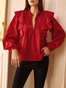 Revavyn High-End Elegant Red French Ruffle Layered Decor V-Neck Floral Collar Design Solid Color Women Blouse - Red - View 7