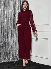 SHEIN Clasi 女士撞色蕾丝灯笼袖系带阔腿优雅连体裤 - 酒紅色 - 查看 4