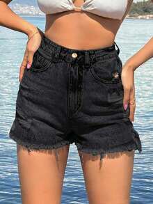 SHEIN Tall 100%Cotton Black Label Detailed Short With Destroy - Black - View 3