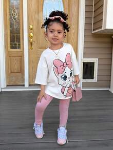 2pcs/Set Girls Loose T-Shirt + Leggings Pants, Cute Cartoon Pattern, Casual Everyday Wear, Spring/Summer - Multicolor - View 4