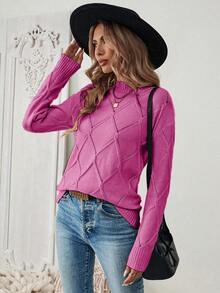 EMERY ROSE Women's Solid Color Minimalist Long Sleeve Fitted Pullover Sweater, Everyday Wear - Hot Pink - View 3