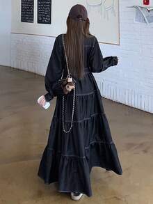 DAZY 复古收腰显瘦宽松中长款连衣裙衬衫，适合女士穿着。 - 藏蓝色 - 查看 2