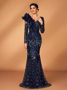 Serin Elegant Navy Blue Sequin Maxi Mother Of The Bride Dress With Long Sleeves And Ruffle V Neck For Special Occasions - Navy Blue - View 6