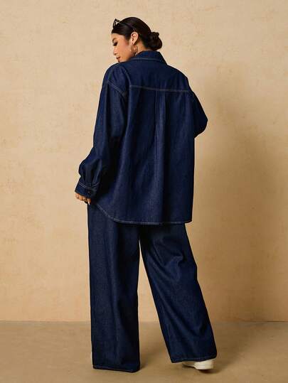 SHEIN Tall CURVE Plus Size Women Long Sleeve Single-Breasted Belted Shirt And Wide Leg Jeans Casual 2 Pieces Set Winter Christmas New Year Thanksgiving Commuting Vacation Graduation Chic Y2k Cute Streetwear Party Wedding Elegant Business Casual Woman Comfortable Denim Two Pieces Set For Women Casual Long Sleeve Top With Drawstring Waist Wide Leg Jeans Holiday Gathering Two Pieces Casual Everyday
