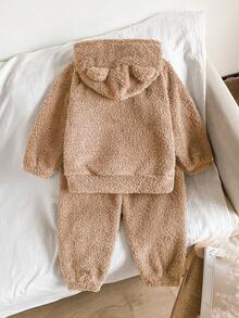 2件套男童可爱熊耳连帽衫和宽松长裤棕色毛绒舒适休闲家居服套装