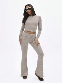 BABYPHAT 条纹高腰喇叭裤，翻折腰带，横条纹喇叭裤型，弹力罗纹面料，秋冬休闲款 - 咖啡棕 - 查看 4