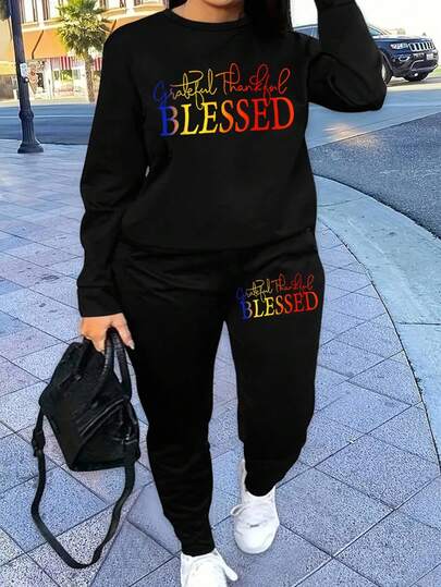 DrmWander Plus Size Colorful Print Crew Neck Long Sleeve Top And Pants 2 Pieces Set