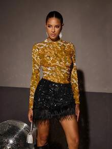 Shutterstock Glamance Women's Sequin Print Fitted Long Sleeve T-Shirt, Fashionable For Party Sequined Top Gold Sequin Top - Yellow - View 1