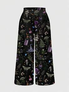 ROMWE Goth 大码女式哥特宝石日月星叶印花阔腿裤 - 黑色 - 查看 1