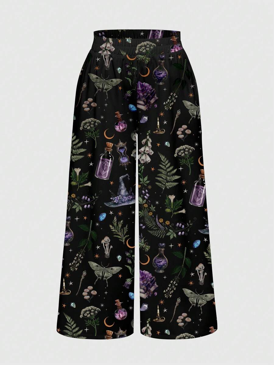 ROMWE Goth 大码女式哥特宝石日月星叶印花阔腿裤 - 黑色 - 查看 1