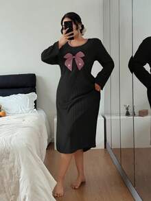 SHEIN 大码女式罗纹针织蝴蝶结刺绣甜美休闲圆领长袖长款睡裙，秋冬季，宽松睡衣 - 黑色 - 查看 6