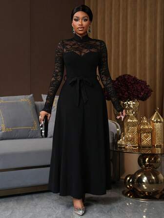 SHEIN Ladiora Women's Lace Patchwork Stand Collar Fitted Long Sleeve Dress