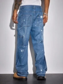 ROMWE MEN Street Life Men's Loose Fit Pockets Flared Leg Rhinestone Embellished Jeans - Blue - View 3