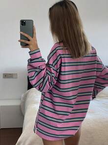 DAZY Women's Casual Loose Fit Color Block Striped Long Sleeve Collared Street Style T-Shirt, Autumn/Winter - Pink - View 2