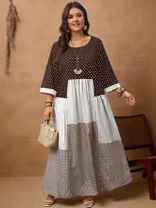 Rosumi 大码女士休闲度假圆领七分袖波点、格子和条纹拼接连衣裙 - 棕色 - 查看 2