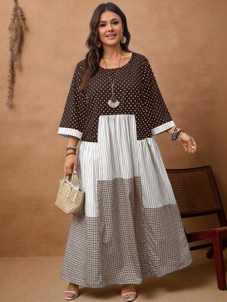 Plus Size Women Casual Vacation Round Neck 3/4 Sleeve Polka Dot, Plaid & Striped Patchwork Dress, Early Spring/Valentine's Day, Spring Break Outfits ,Valentine Outfits For Women ,Vacation Outfits Women ,Holiday Outfits For Women,Spring Dress Women,Going Out Outfits,2026 New Clothes,Simple And Fashionable For Everyday Wear,Casual Elegant Valentine's Day Party Everyday