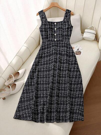 SHEIN Clasi Plus Size Women Buttoned Plaid Square Collar Sleeveless Elegant Dress Winter Clothes For Women  Christmas Outfit For Women   New Year Clothes New Year's Outfit For Women  Winter Dress  Christmas Dress Christmas Party Dress  New Year Dress  New Year's Eve Dress Party Dress Elegant Party Dresses  Elegant Dresses For Women Sparkly Dress Glitter Dress Shiny Dress Tweed Dresses For Women Houndstooth Dress Button Dress French Style Dress Black Sundress Women