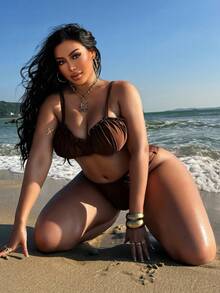 Swim SXY 2026新款夏季海滩度假风棕色钢圈褶皱荷叶边可调节肩带加大码泳衣套装，适合度假、派对和聚会。 - 咖啡棕 - 查看 3