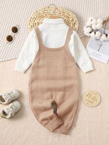 SHEIN New Born Baby Boy/Girl Toddler Fall/Winter Knitted Rompers Overalls Sweaters,Camel Autumn Cute Family Matching Outfits Retro Classic Daily Clothes - Khaki - View 2