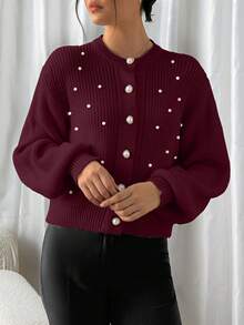 EURMUSE Damen einfarbiger Knopf-Laternenschlitz-Perldetail Oversize Strickjacke - Bordeaux - Übersicht 3