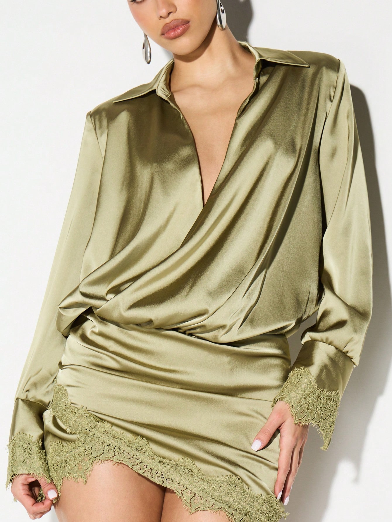 KIZN Satin Plunge Neck Mini Dress With Lace Trim