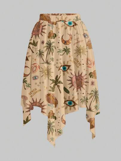 Fairycore Asymmetrischer Saum Gothic Dark Hippie Sonne Mond Stern Palme Augen-Muster Rock für Frauen, Urlaub