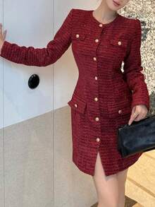 DAZY Women's Elegant Front Button Mid-Length Dress, Suitable For Commuting, Autumn/Winter New Year Christmas - Burgundy - View 5