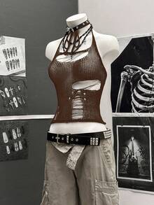 StreetHx 街头风女款纯黑色镂空钩针无袖针织上衣 - 咖啡棕 - 查看 6