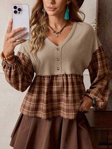 SHEIN LilyWest V-Neck Plaid Patchwork Long Sleeve Women Blouse - Brown - View 1