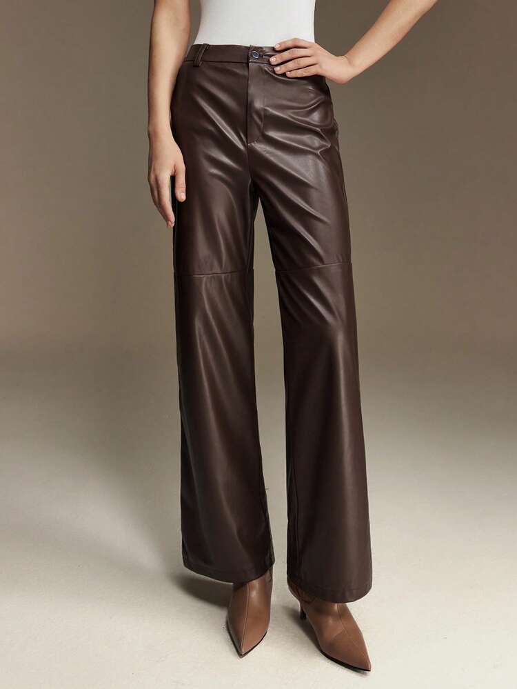 Women's PU Leather Pants With Symmetrical Panels,Elegant Office Winter Attire In All Shades Of Brown,Urban Commute Business Casual For Holidays