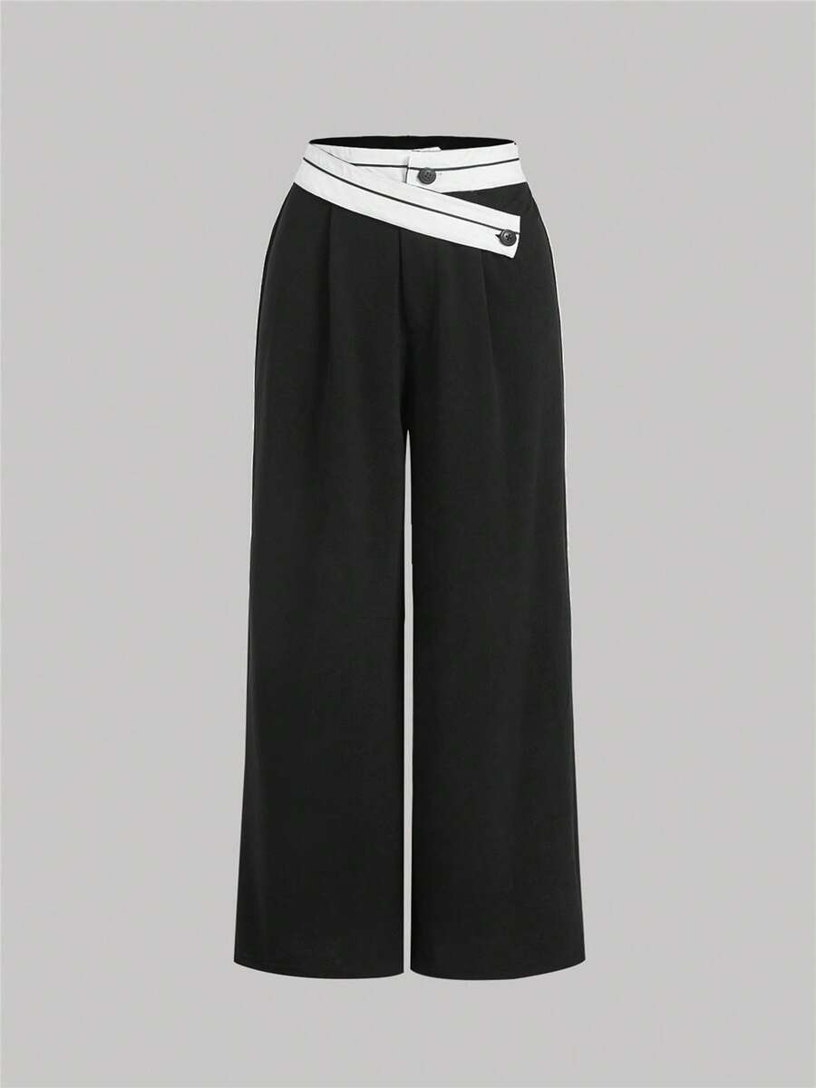 SHEIN MOD Plus Size Asymmetrical Waist Black Straight-Leg Women Suit Pants In Fall/Winter - Black and White - View 1