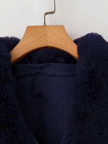 Linhara Plus Size Solid Color Fur Collar Warm Front Button Casual Knit Cardigan And Pants Sweater Set - Navy Blue - View 3