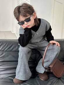 DAZY 男童简约无袖上衣和直筒裤套装，宽松休闲秋季春季穿搭 - 灰色 - 查看 4