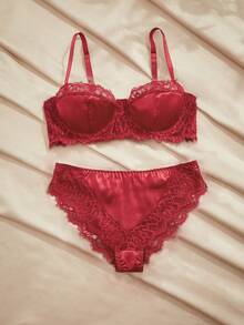 Charlaine Burgundy Balconette Bra Set,Summer Women's Lingerie With Steel Rings,Lift & Enhance,1/2 Cup,Lace Patchwork,Satin, French,Refined For Vacation - Burgundy - View 1