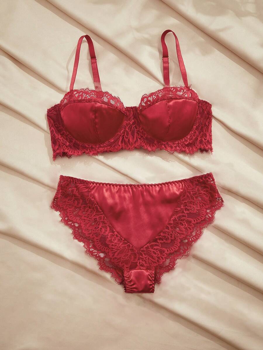 Charlaine Burgundy Balconette Bra Set,Summer Women's Lingerie With Steel Rings,Lift & Enhance,1/2 Cup,Lace Patchwork,Satin, French,Refined For Vacation - Burgundy - View 1