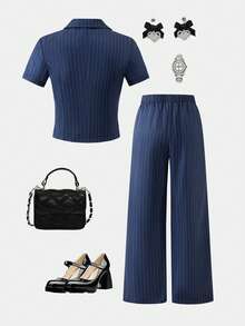 SHEIN Explorewe 2件套少女时尚都市通勤风蓝白条纹背心和裤子套装 - 藏蓝色 - 查看 2