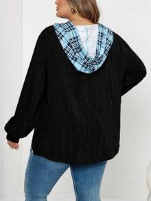 SHEIN CURVE+ 柔软磨毛面料格纹撞色下摆卫衣，加大码 - 黑色 - 查看 2