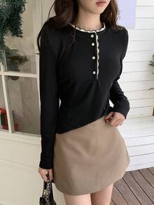 DAZY Women's Contrast Color Casual Long Sleeve T-Shirt, Autumn/Winter - Black - View 2