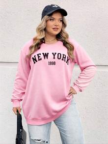 SHEIN CURVE+ 女士加大码休闲宽松纽约图案圆领长袖卫衣，秋冬季情人节款 - 粉色 - 查看 4