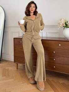 DAZY 2件套女士毛绒休闲连帽开衫长袖套装（含长裤），冬季 - 棕色 - 查看 5