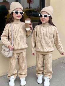 SHEIN Tween Girl High Neck Drop Shoulder Long Sleeve Sweater And Knit Pants Casual Set, Autumn/Winter - Khaki - View 1