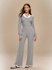 Firalyn Women's Colorblock Lapel Long Sleeve Casual Jumpsuit, Suitable For Daily Wear, Autumn/Winter - Grey - View 7