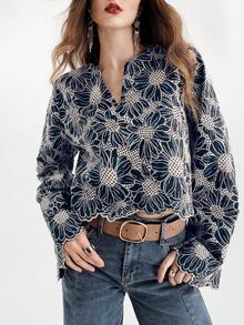 Aveloria Modichic Winter New Embroidered Sunflower Pattern Round Neck Small V-Neck Pullover Flare Sleeve Bohemian Casual Versatile Women Blouse