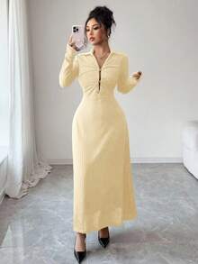 Modelyn French Design Sense Bodycon Dress, V-Neck Metal Decor Button, Waist Cinching Slimming Silhouette - Light Yellow - View 3