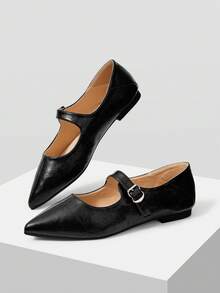 Mnmlis New Autumn Mary Jane Flats With Pointed Toe And Buckle Strap - Black - View 13