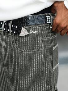 Manfinity Hypemode 男士休闲竖条纹多口袋军绿色工装牛仔裤，街头时尚 - 軍綠色 - 查看 3